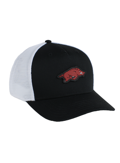 Arkansas Razorbacks Black with White Mesh Back Cap with Dimensional Rubber Patch